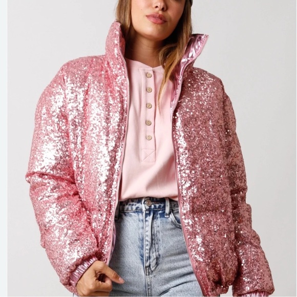 Fantastic Fawn Jackets & Blazers - Pink sequin puffer jacket- size Small in women’s. Reversible foil pink